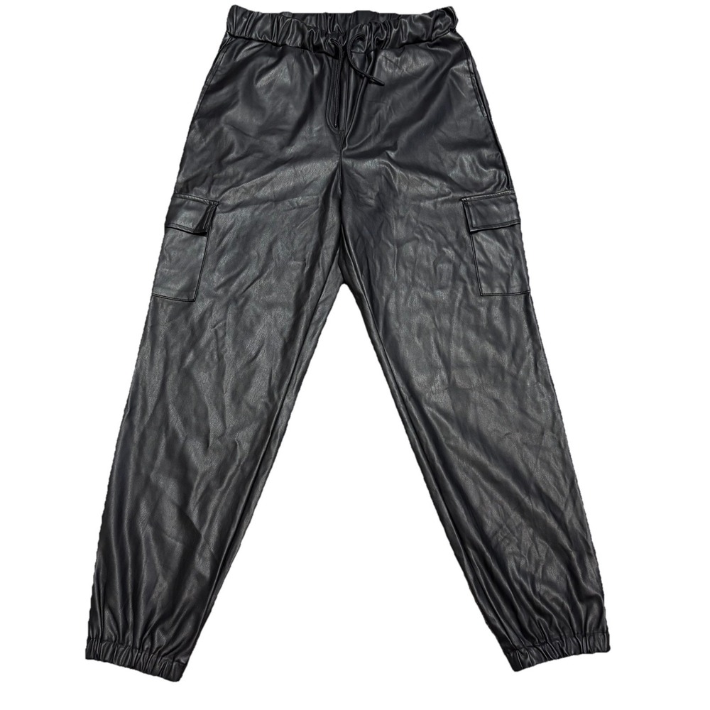 Cisone Faux Leather Cargo Jogger Pants Women Size L Black‎ High Rise Stretch